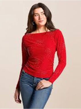 NWT Daytrip Red Rhinestone Mesh Boatneck Top  Medium